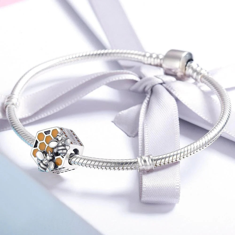 Solid 925 Sterling Silver HoneyComb Duo Bees Charm