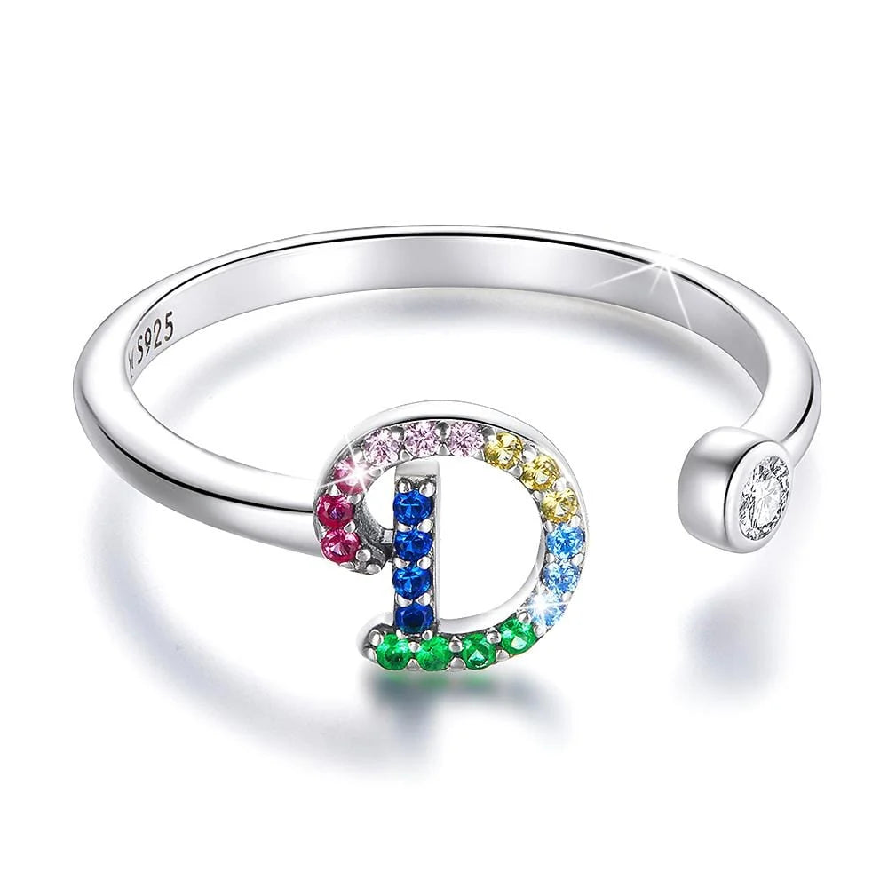 Adjustable Solid 925 Sterling Silver Colourful Rainbow Alphabet Letter Ring