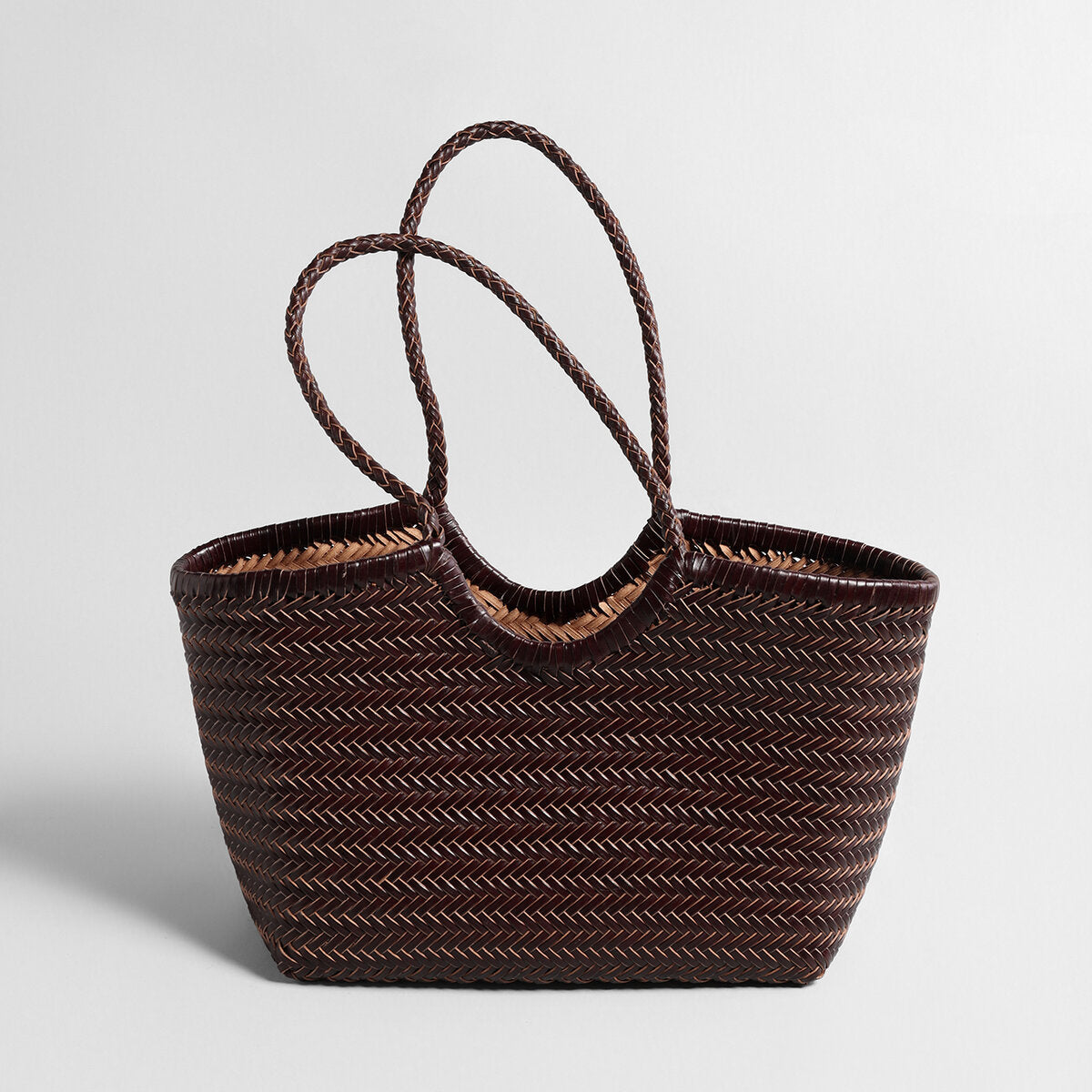 Handwoven Leather Herringbone Basket Tote Bag - Chocolate