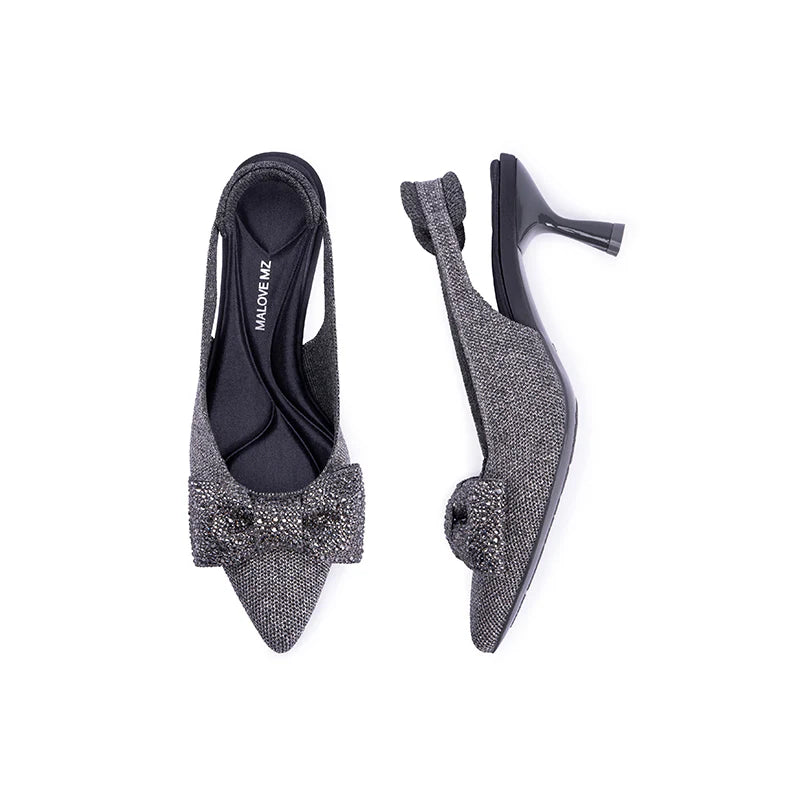 Rhinestone Bow Slingback Kitten Heels - Grey