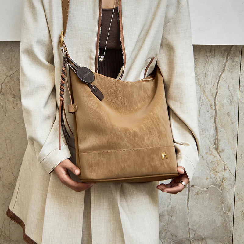 Nalandu Vintage Suede Hobo Bucket Bag - Camel