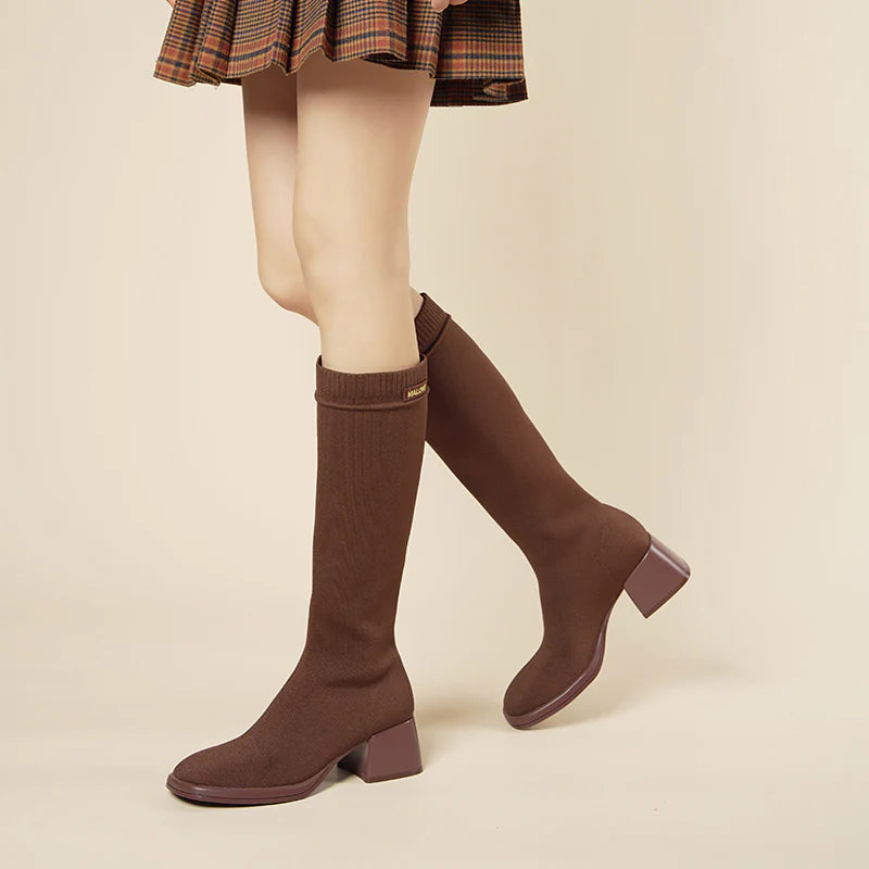 Mademoiselle Round Toe Knee High Sock Boots - Coffee