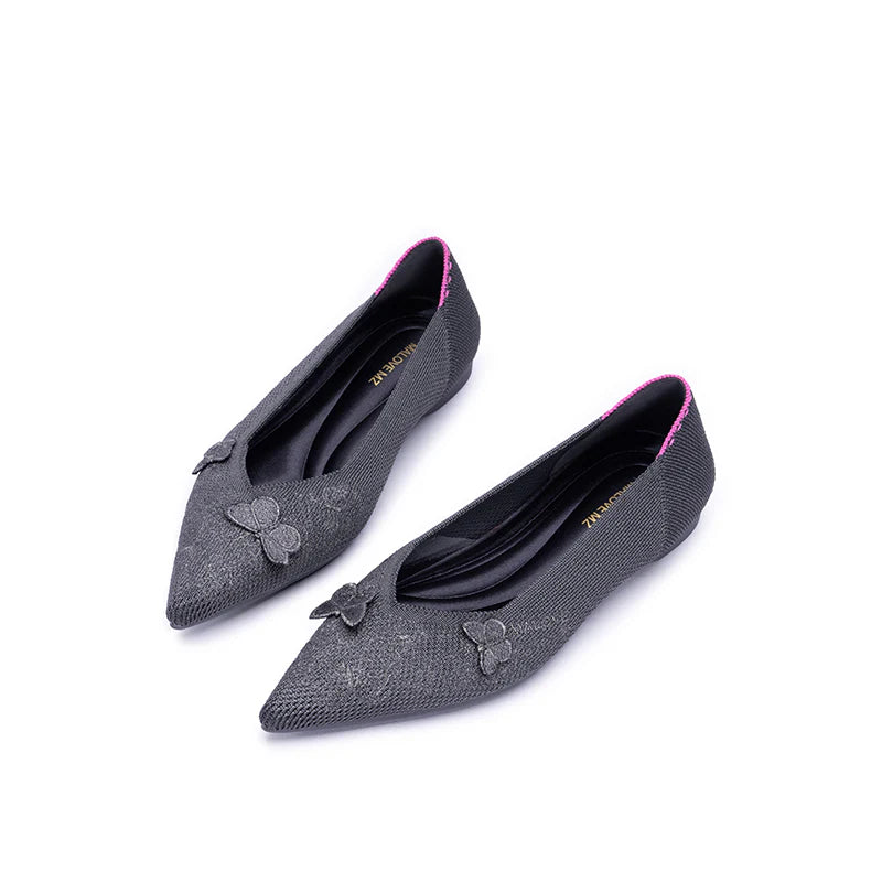 Butterfly Floral Knit Pointed Toe Ballet Flats - Charcoal