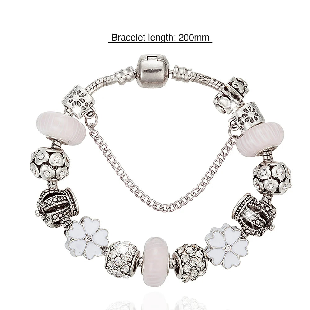 Pandora Inspired Full Set Beaded Charm Bracelet - White