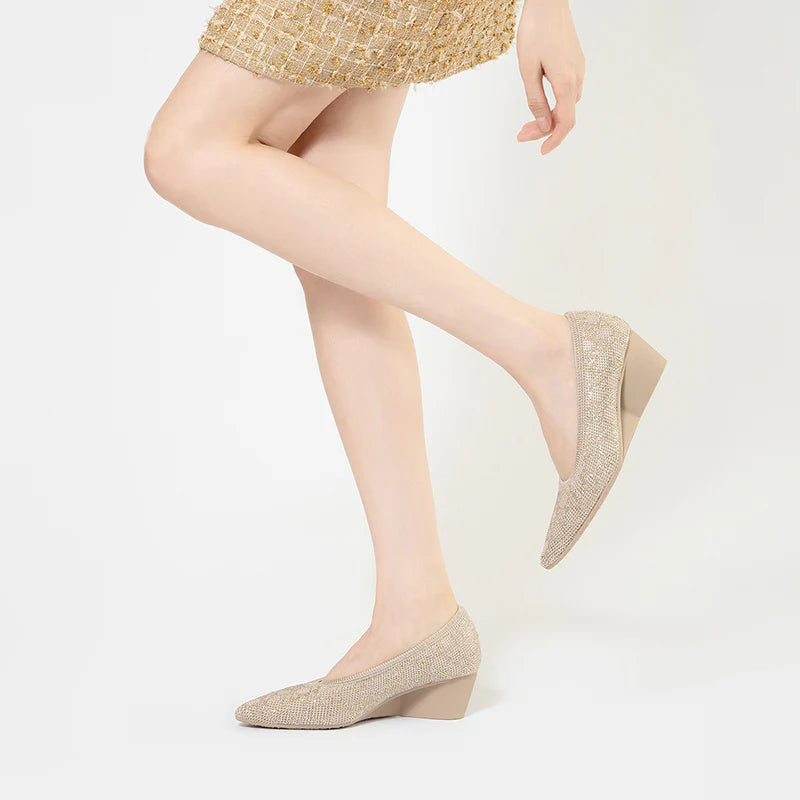 Rhinestone Check Knit Pointed Toe Wedge Pumps - Beige