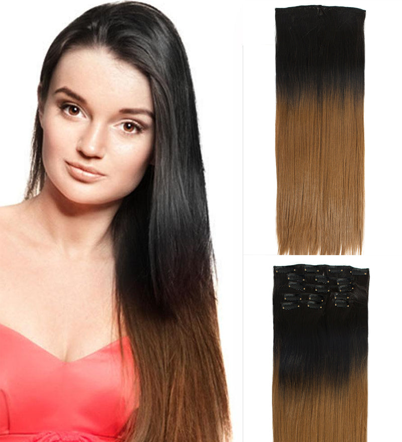 22" Twotone Ombre High Grade Brown Straight 7Piece 16Clips Hair Extension 06