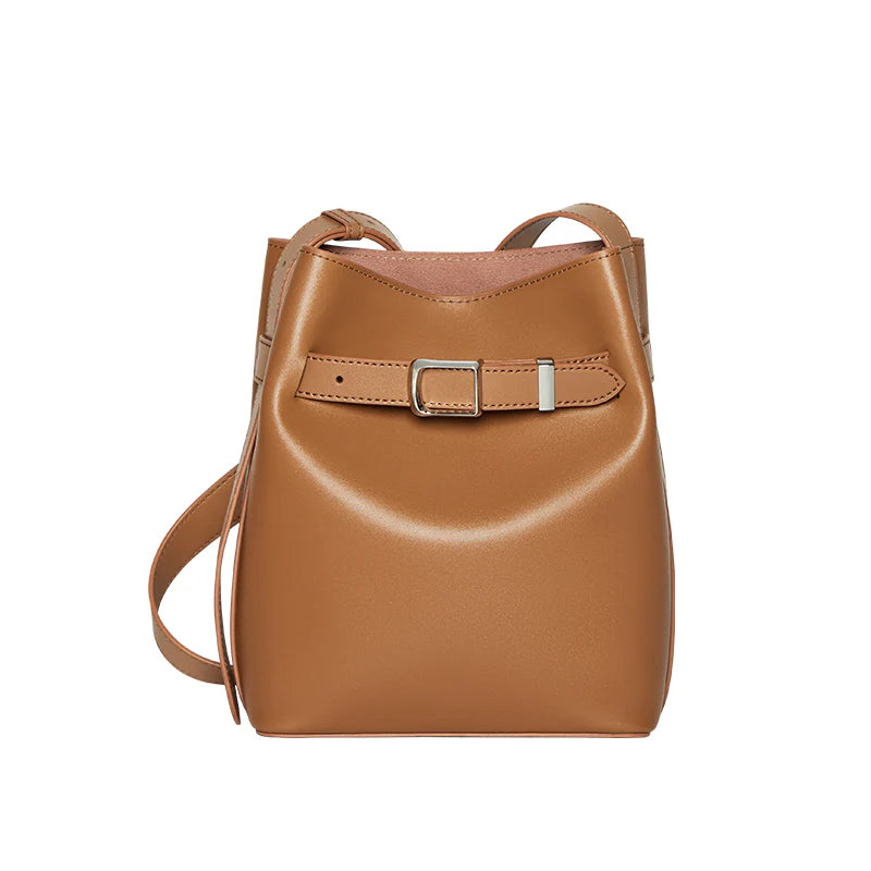 Nalandu Harper Leather Belt Accent Bucket Crossbody Bag - Brown