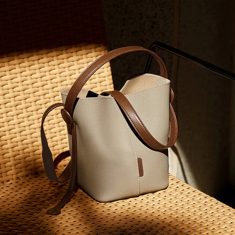 Nalandu Soft Pebbled Leather Bucket Shoulder Bag - Taupe