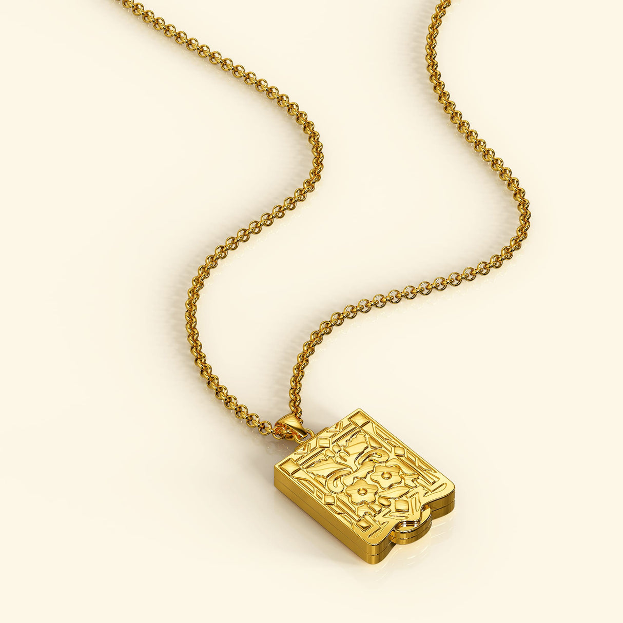 Bullion Gold Engraved Shield Photo Locket Necklace