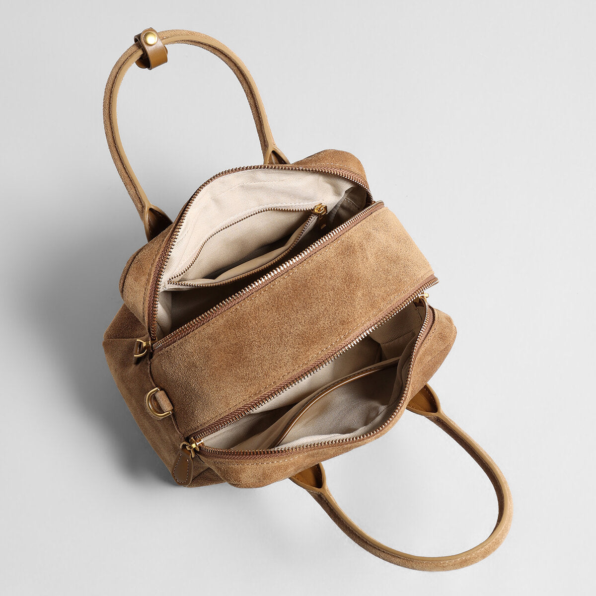 Suede Leather Bowling Bag - Camel
