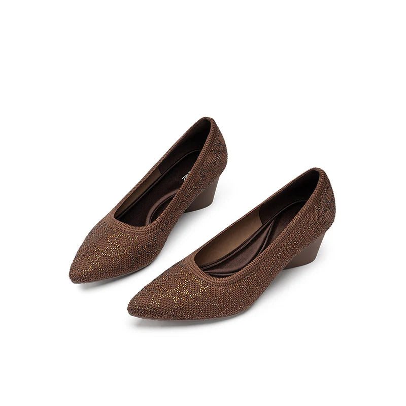 Rhinestone Check Knit Pointed Toe Wedge Pumps - Chocolate