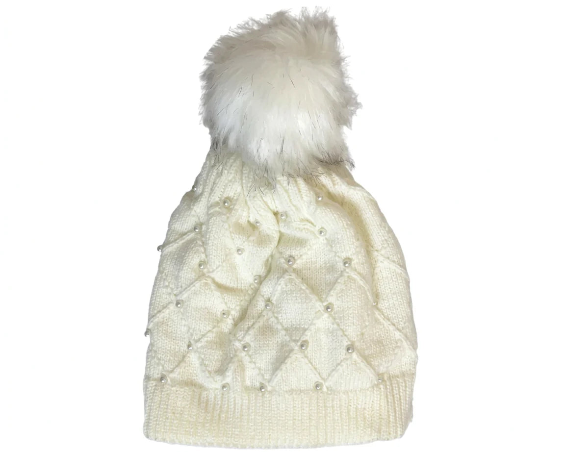 Cherry Red Pearl Beanie - White