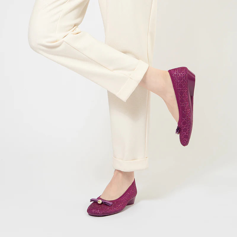 Pearl Bow Czech Crystal Knit Round Toe Wedge Pumps - Fuchsia