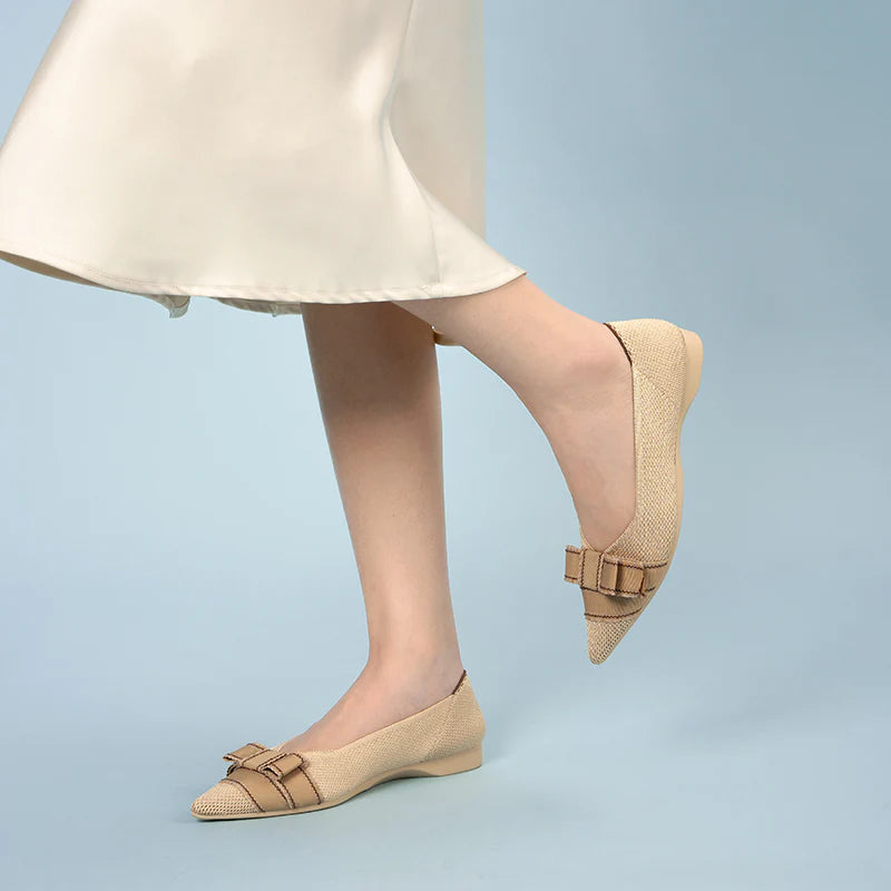 Vintage Bow Pointed Toe Flats - Beige