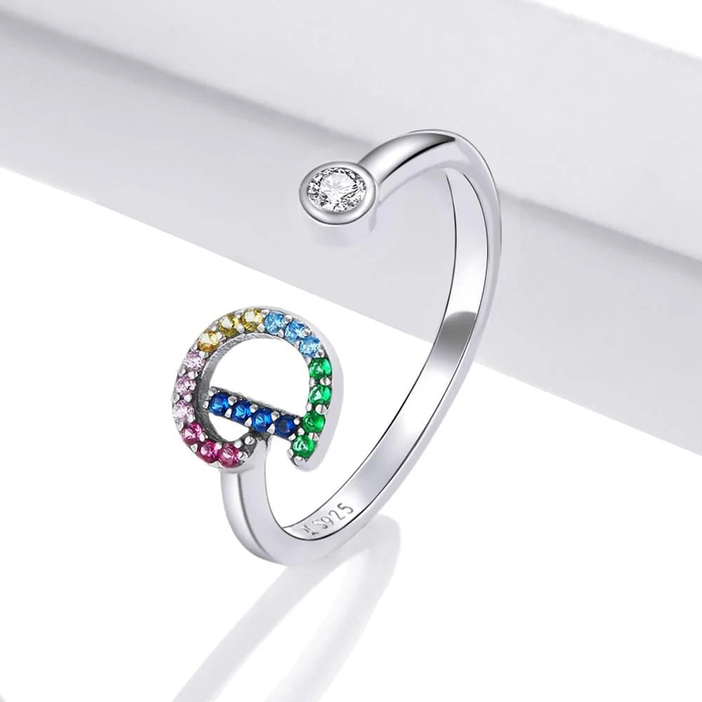 Adjustable Solid 925 Sterling Silver Colourful Rainbow Alphabet Letter Ring