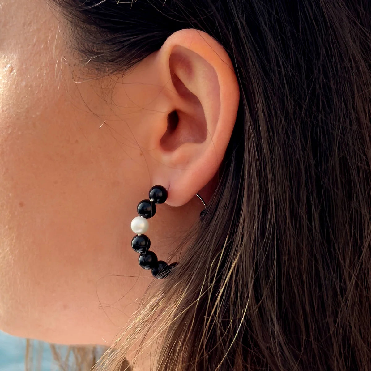 Earrings Freshwater Pearl & Black Obsidian White Sterling Silver