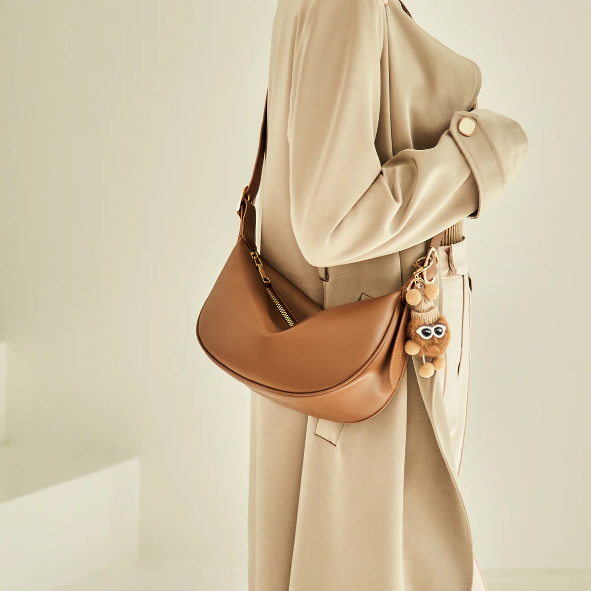Nalandu Crescent Leather Crossbody Shoulder Bag with Bear Charm - Brown