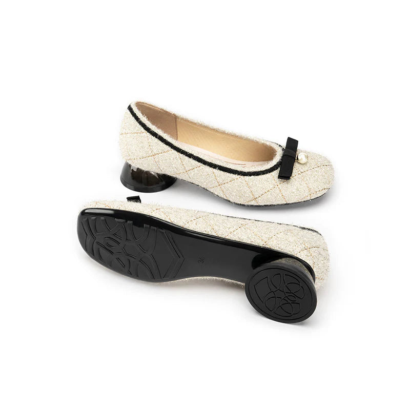 Classic Bow Tweed Quilted Pumps - Ivory