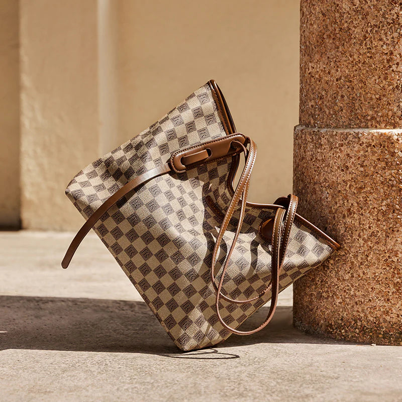 Nalandu Vintage Checkered Commuter Tote Bag - Khaki