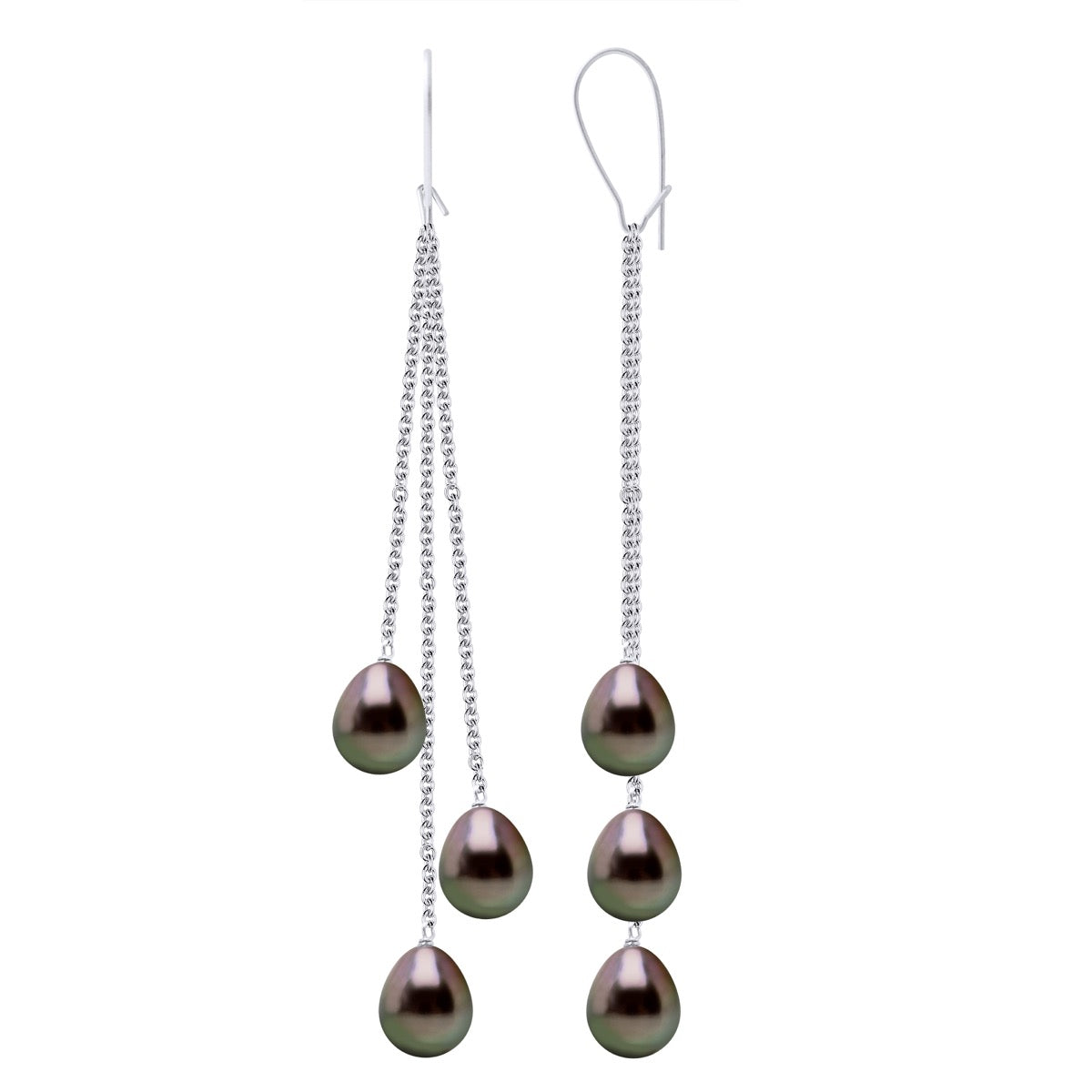 Earrings 2 X3 Real Cultured Tahiti Pearls Pear 8-9 mm - Rainbow - Longueur 42 cm