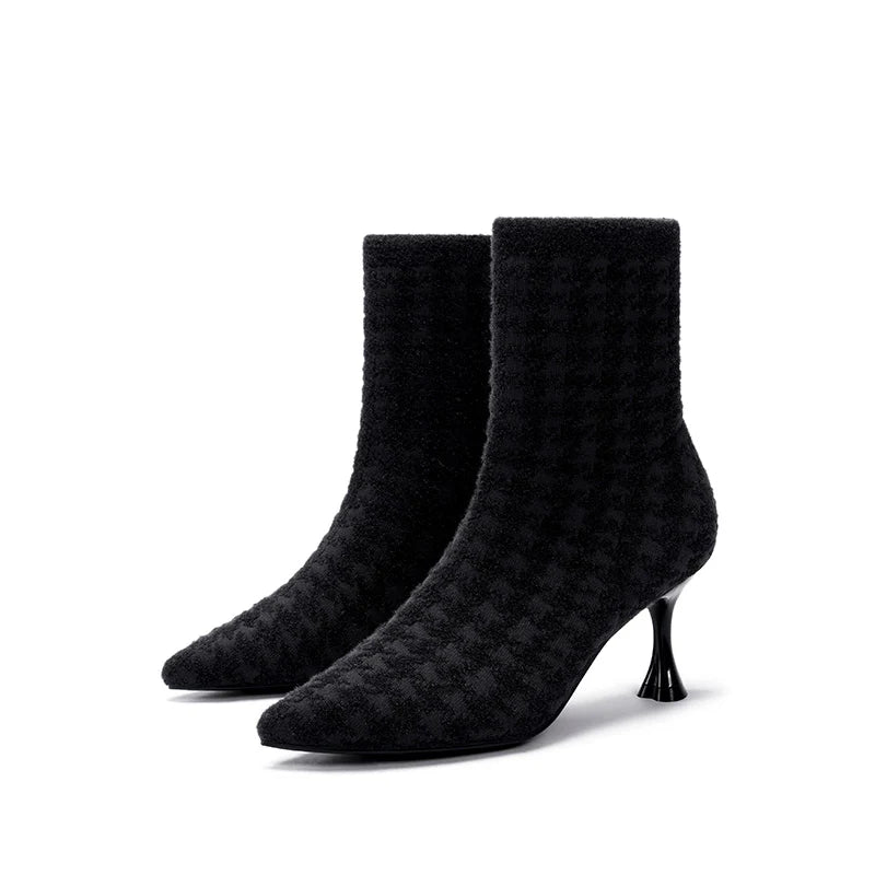 Pointed Toe Stiletto Heel Stretch Ankle Boots - Black