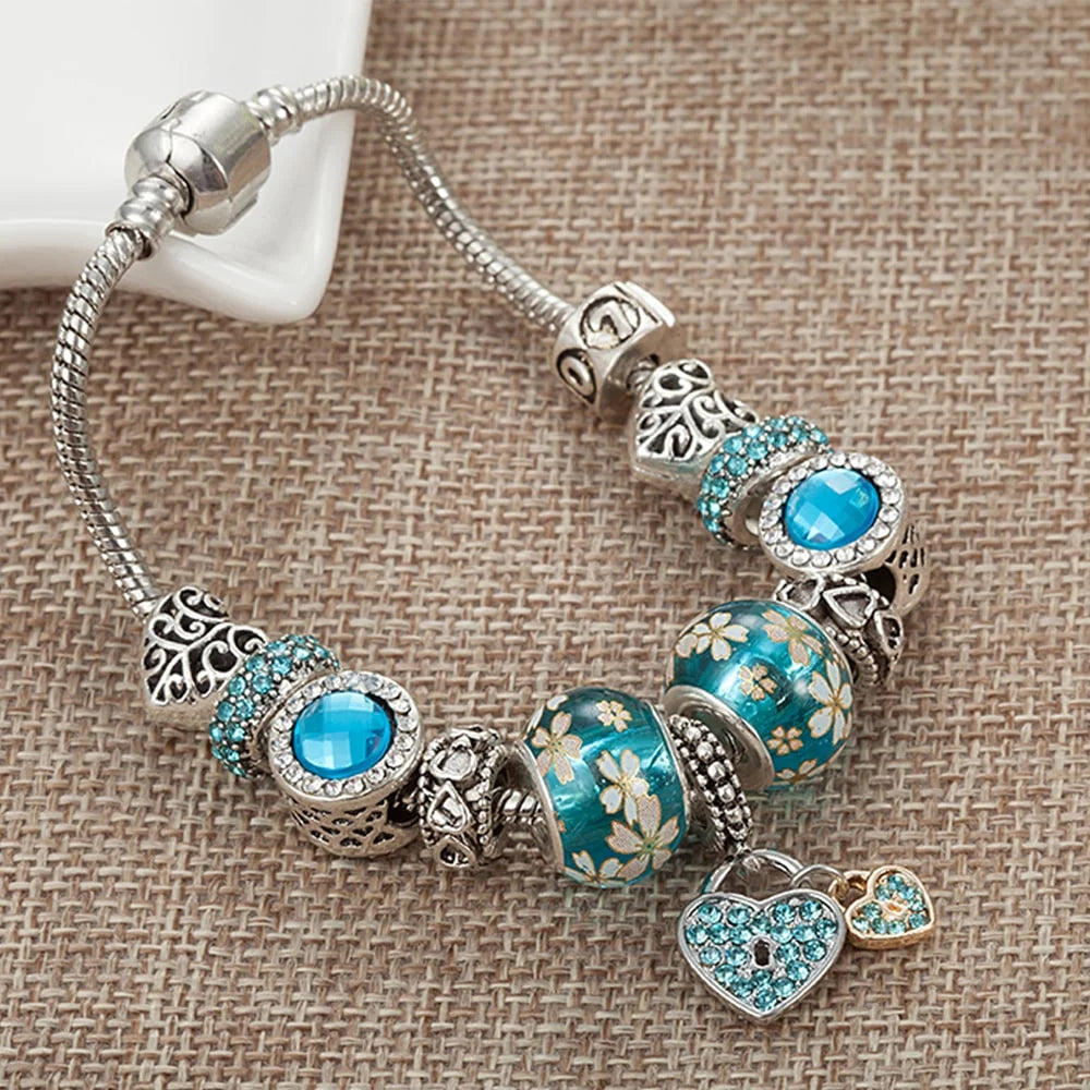 Pandora Inspired Full Set Beaded Charm Bracelet - Silver/Blue