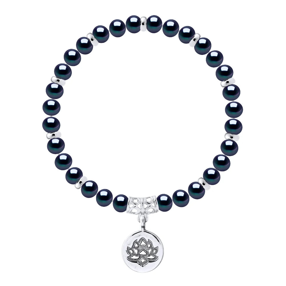 Bracelet Lucky Charm Semi-Round Freshwater Pearl Black 6-7mm 18cm Lotus