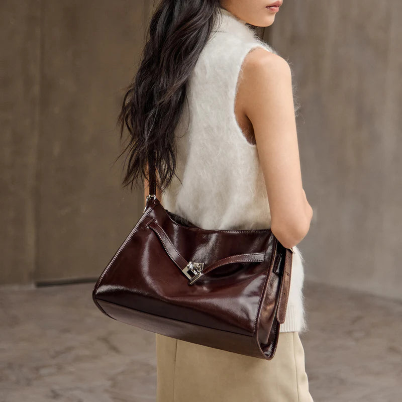 Nalandu Luxe Slouch Lock Shoulder Bag - Chocolate