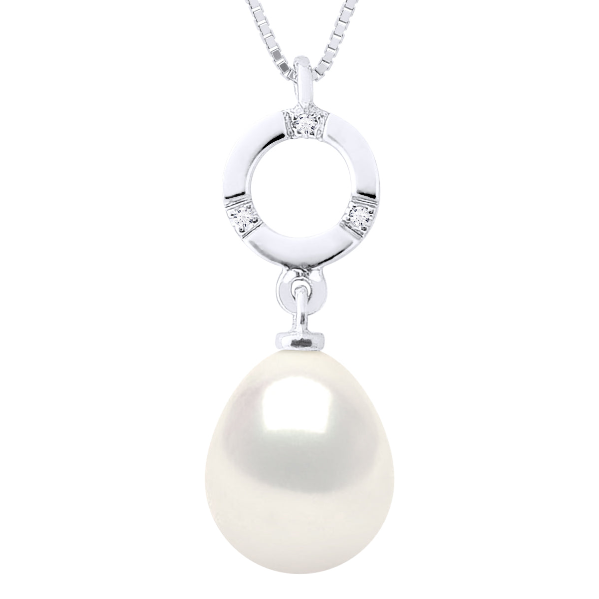 Necklace Jewelry Diamond 0.01Cts (3 X 0.0033 Cts) White Gold and Real Cultured Freshwater Pearl Pear 9-10 mm - Natural White - Longueur 42 cm