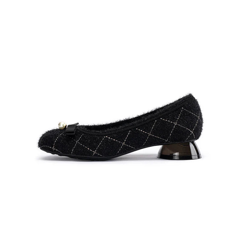 Classic Bow Tweed Quilted Pumps - Black