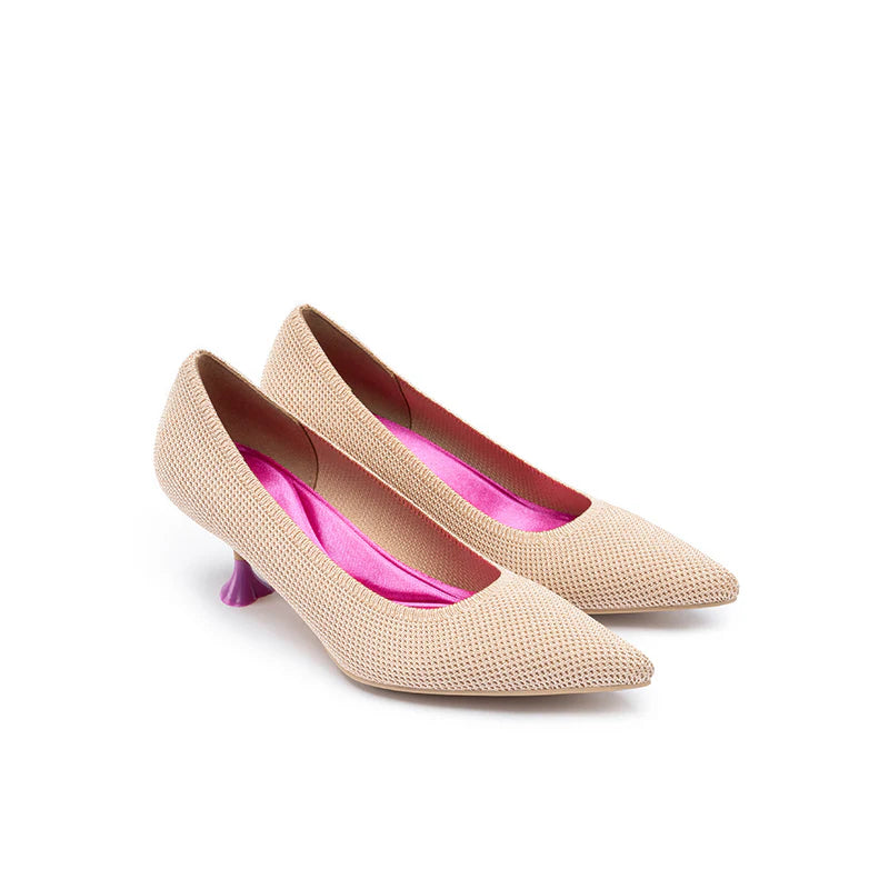 Classy Madam Pointed Toe Kitten Heels - Apricot
