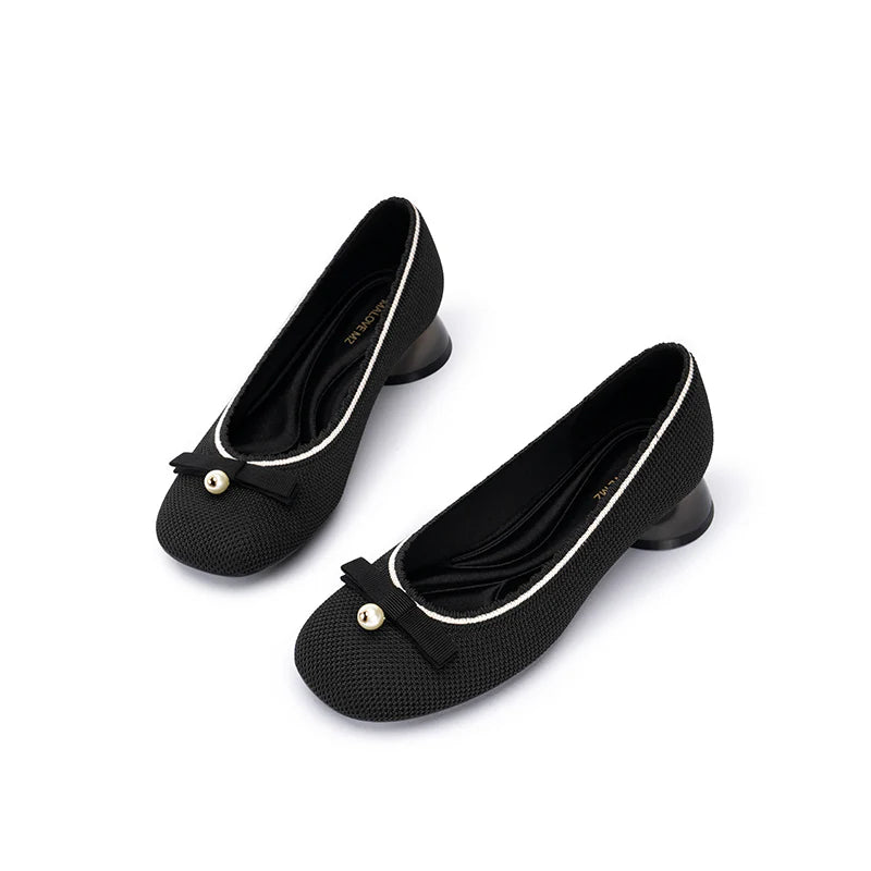 Pearl Bow Knit Square Toe Loafer Pumps - Black