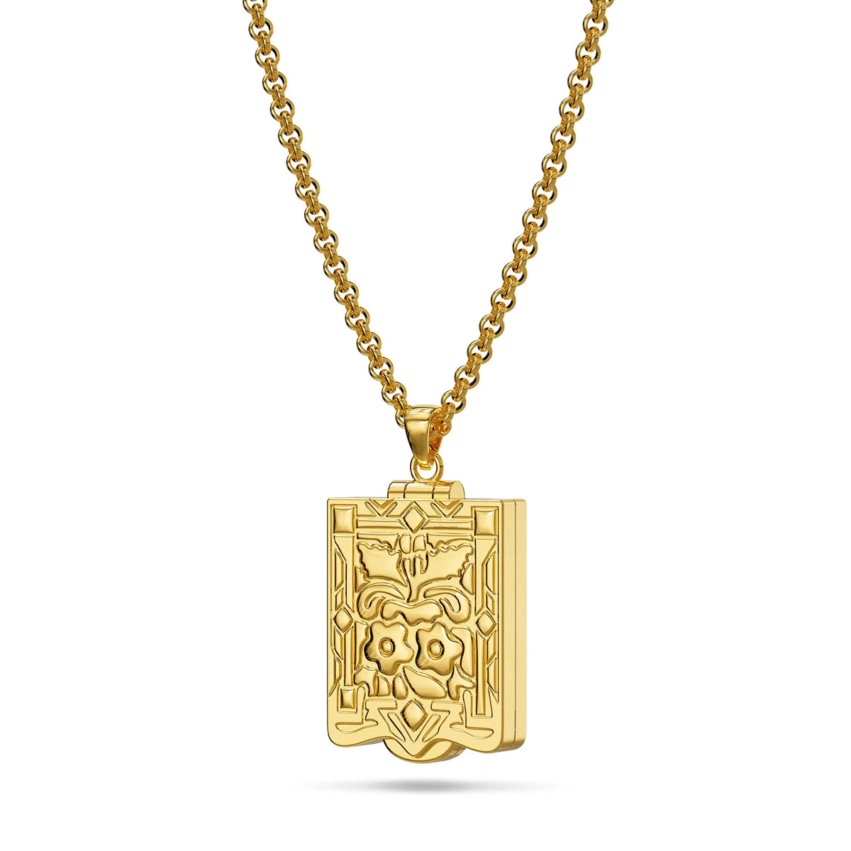 Bullion Gold Engraved Shield Photo Locket Necklace