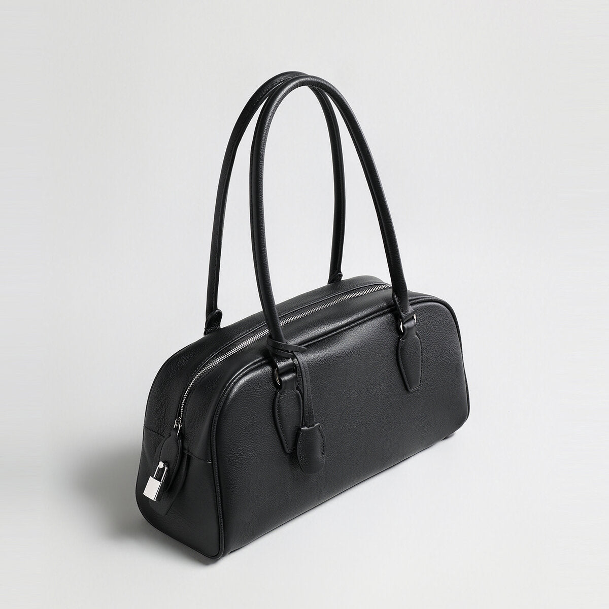 Pebbled Leather Bowling Bag with Padlock Detail - Black