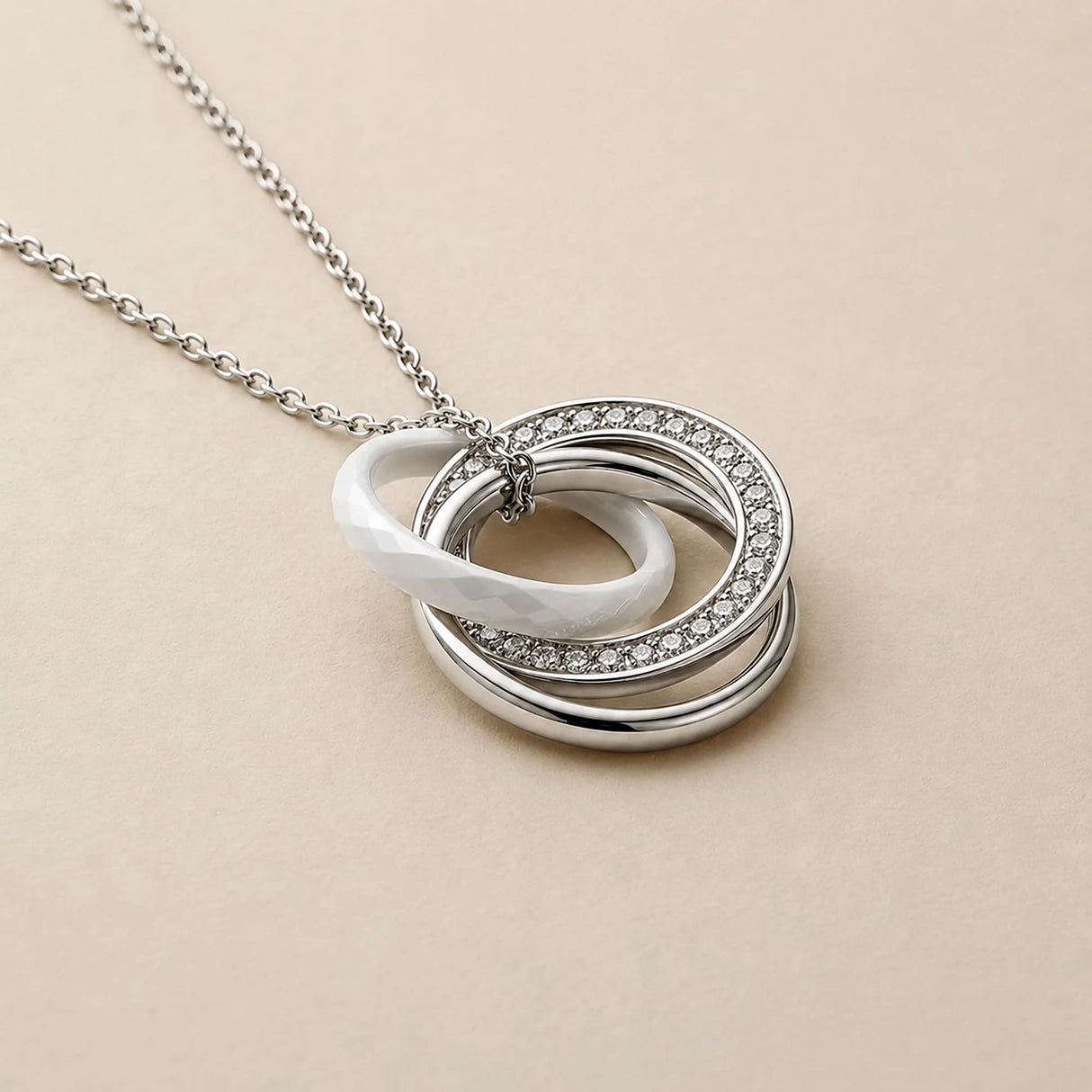 Krystal Couture White Gold Triple Interlocking Ring White Pendant Necklace Embellished with Swarovski Crystals