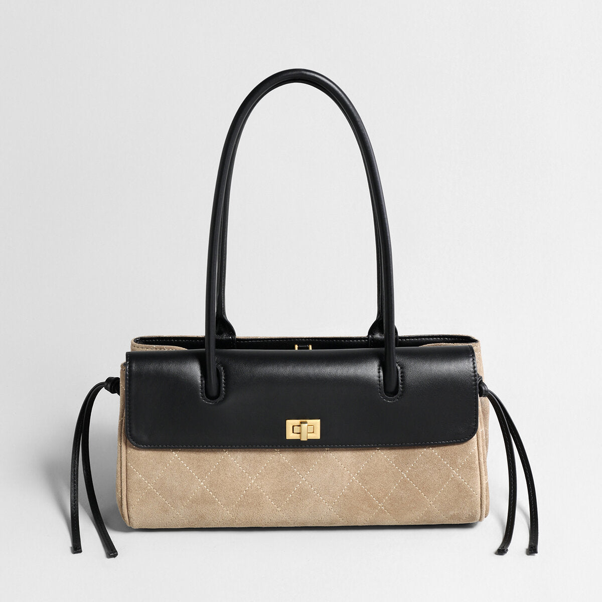 Two-Tone Quilted Suede & Leather Baguette Bag - Oat