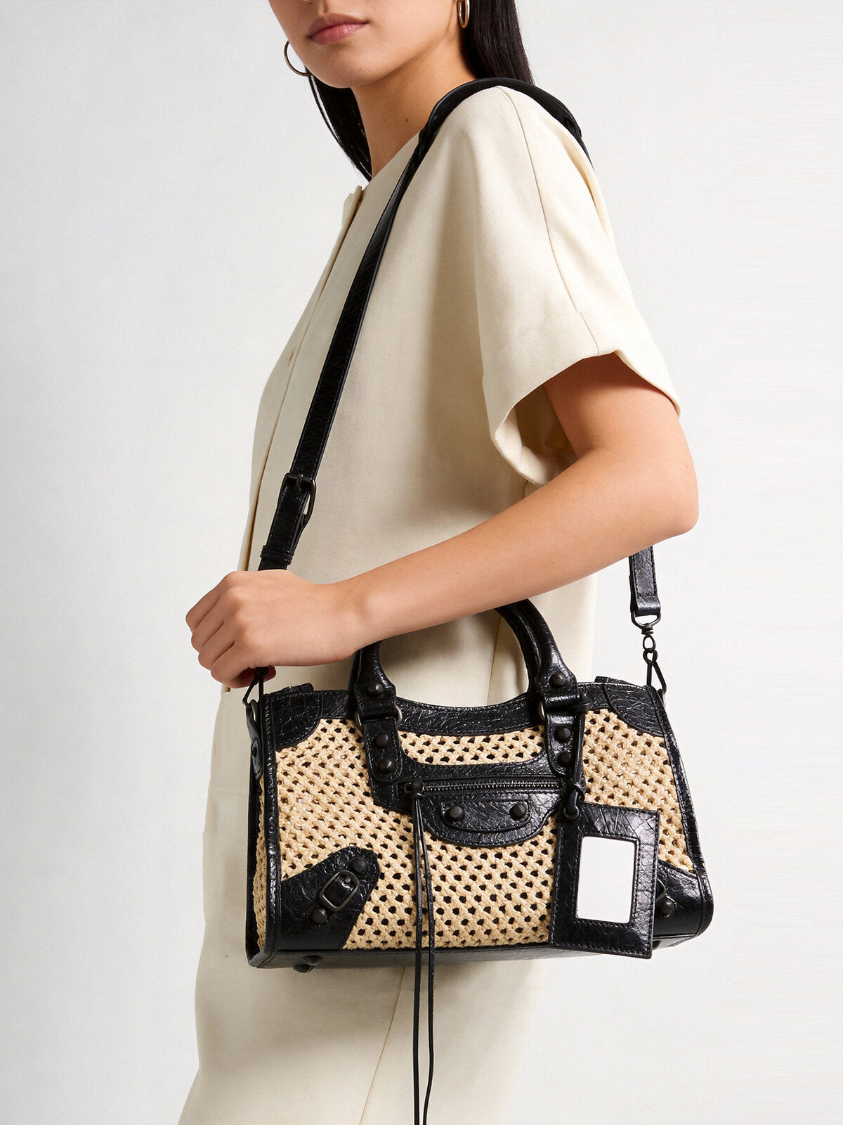 Studded Woven Straw Moto Bag - Black