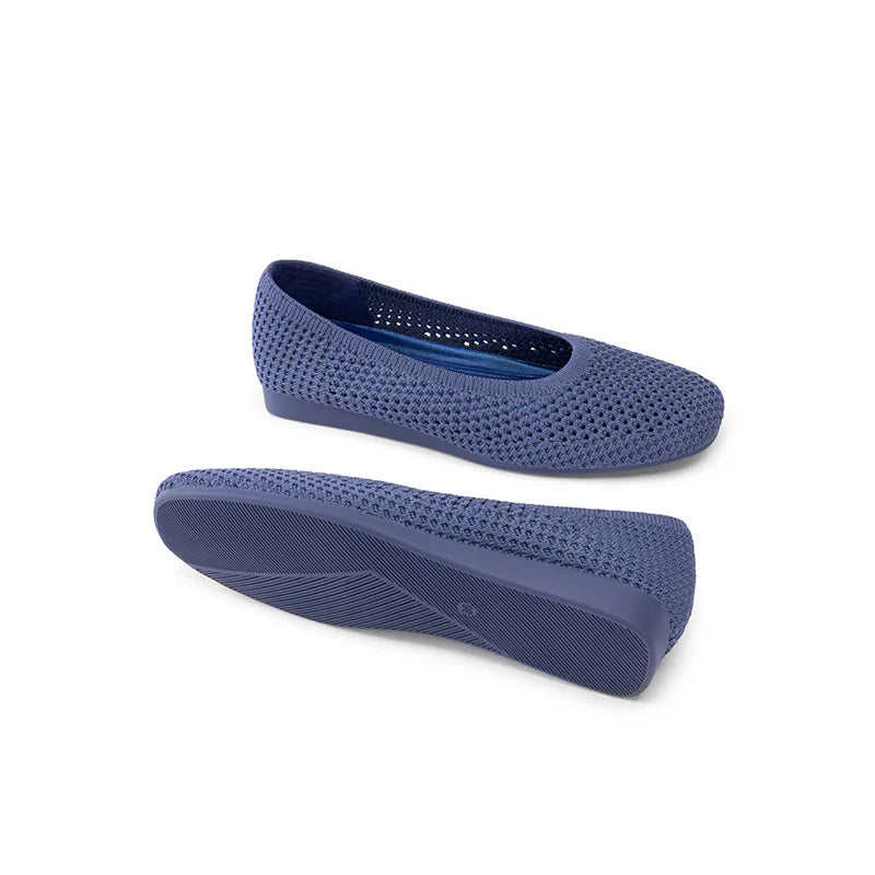 Heart Mesh Knit Square Toe Wedge Flats - Navy