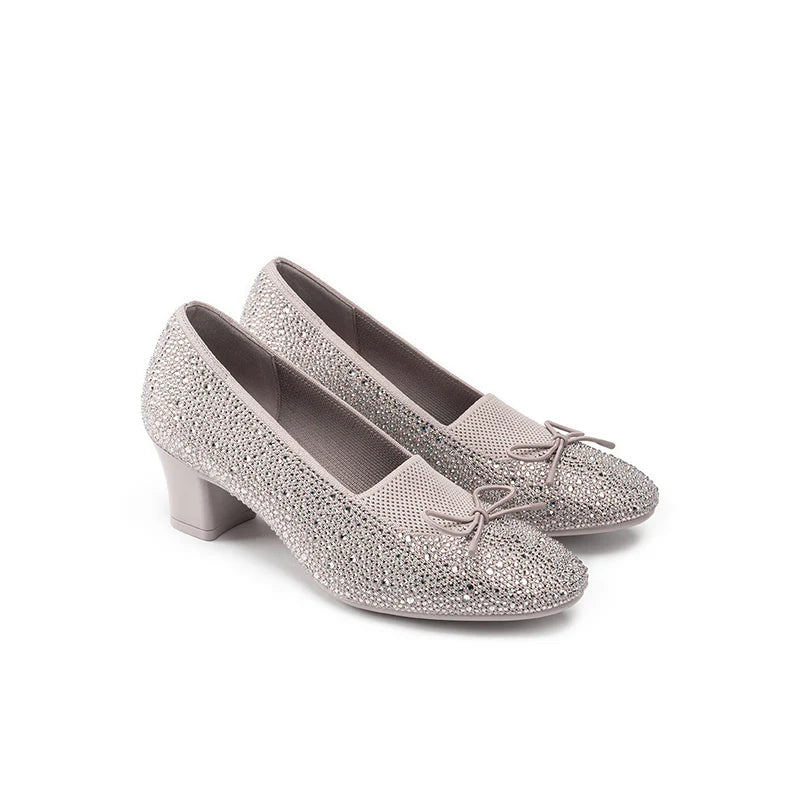 Rhinestone Bow Knit Round Toe Block Heel Pumps - Taupe