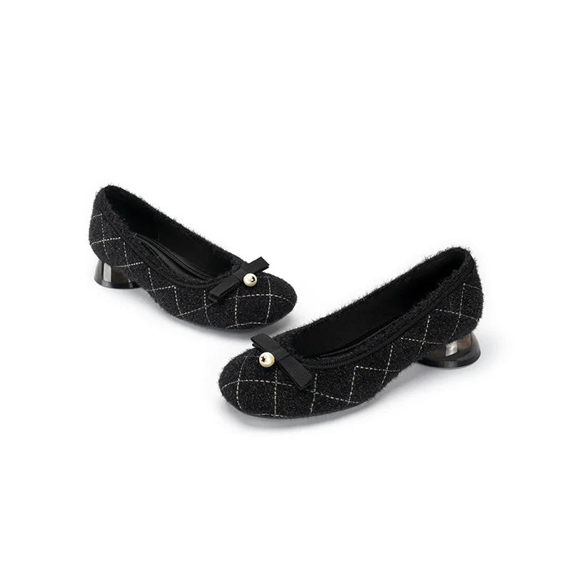 Classic Bow Tweed Quilted Pumps - Black