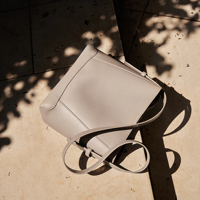 Nalandu Luxe Genuine Leather Bucket Tote Shoulder Bag - Taupe