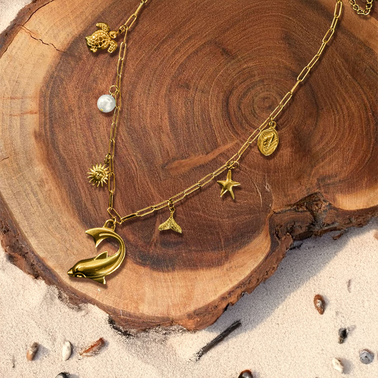 Bullion Gold Beaded Sea Gold Charm Gold Necklace