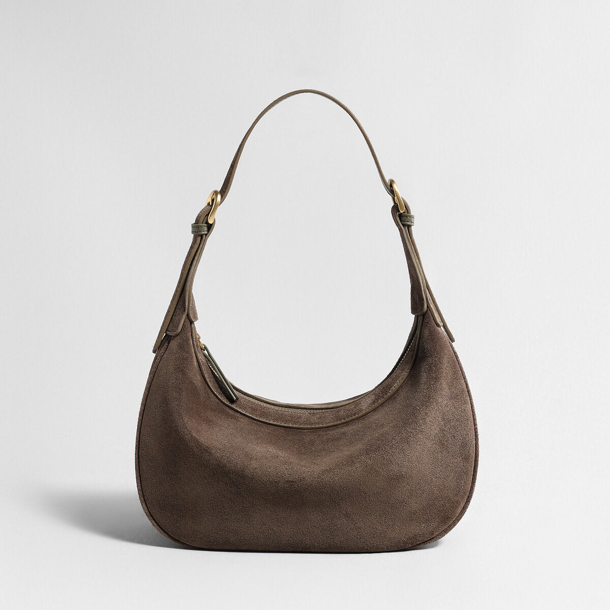 Suede Leather Crescent Hobo Bag - Coffee