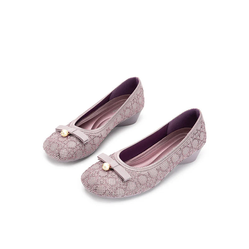 Pearl Bow Czech Crystal Knit Round Toe Wedge Pumps - Mauve