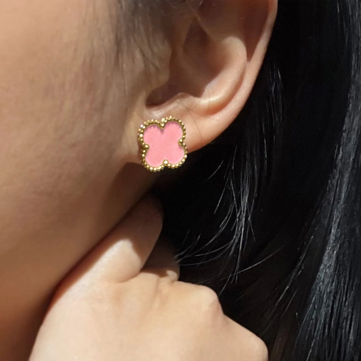 Bullion Gold Pink Clover Stud Earrings