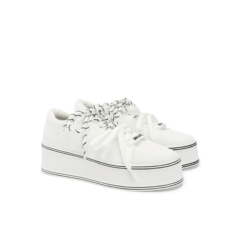 Dual Lace Platform Knit Sneakers - White