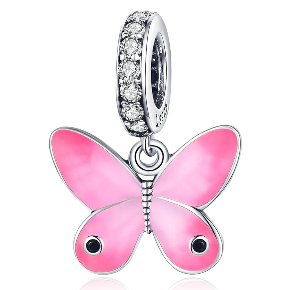 Solid 925 Sterling Silver Pink Sweet Butterfly Pandora Inspired Charm