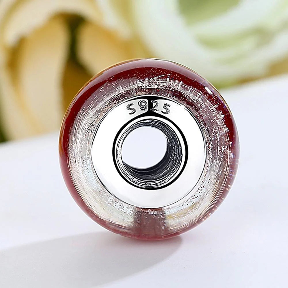 Solid 925 Sterling Silver Red Stardust Inclusion Murano Glass Charm