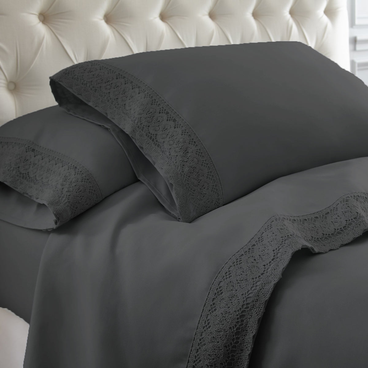 Ramesses Crochet-Lace Microfibre Sheet Set - Charcoal Lace Charcoal Fabric