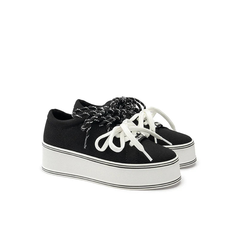 Dual Lace Platform Knit Sneakers - Black